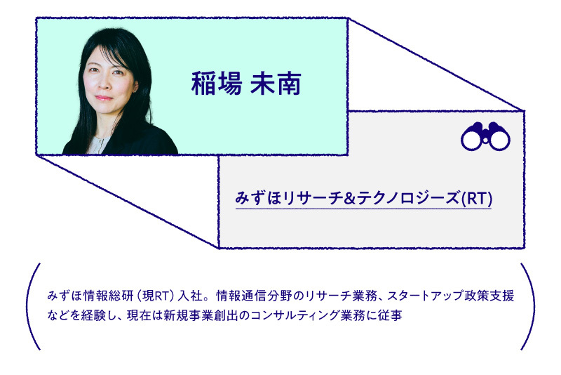 稲場 未南 みずほリサーチ&テクノロジーズ（RT）みずほ情報総研（現RT）入社。情報通信分野のリサーチ業務、スタートアップ政策支援などを経験し、現在は新規事業創出のコンサルティング業務に従事