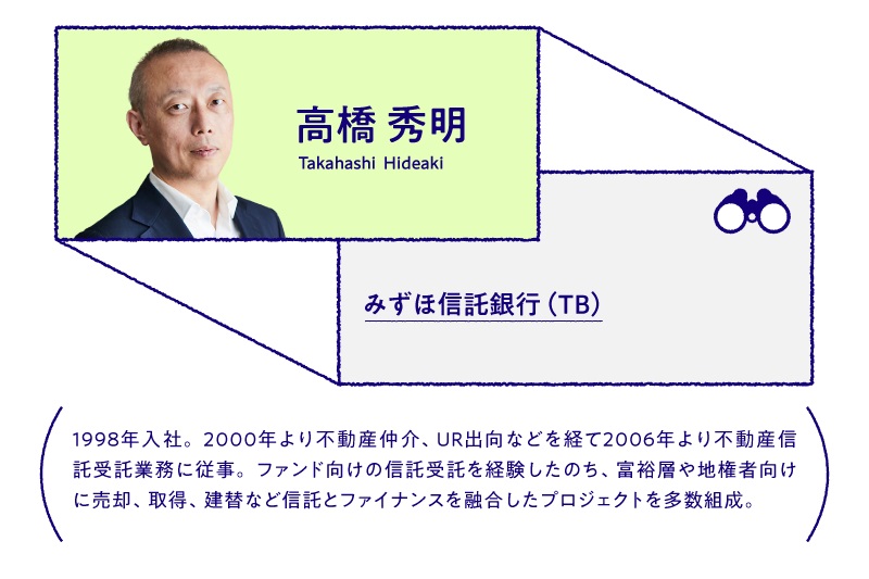 高橋 秀明 みずほ信託銀行（TB）1998年入社。2000年より不動産仲介、UR出向などを経て2006年より不動産信託受託業務に従事。ファンド向けの信託受託を経験したのち、富裕層や地権者向けに売却、取得、建替など信託とファイナンスを融合したプロジェクトを多数組成。